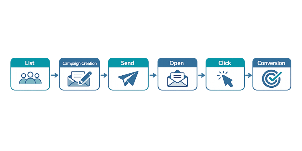 A flowchart illustrating email marketing steps: List, Campaign Creation, Send, Open, Click, and Conversion—each stage represented by an icon and connected with arrows to visualize the full email marketing process.