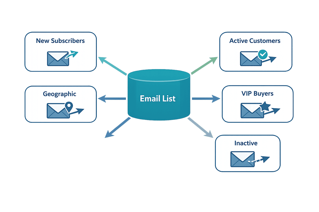 Diagram illustrates Email segmentation, featuring an Email List database at the center with arrows pointing to five segments: New Subscribers, Geographic, Active Customers, VIP Buyers, and Inactive, each depicted by mail icons.