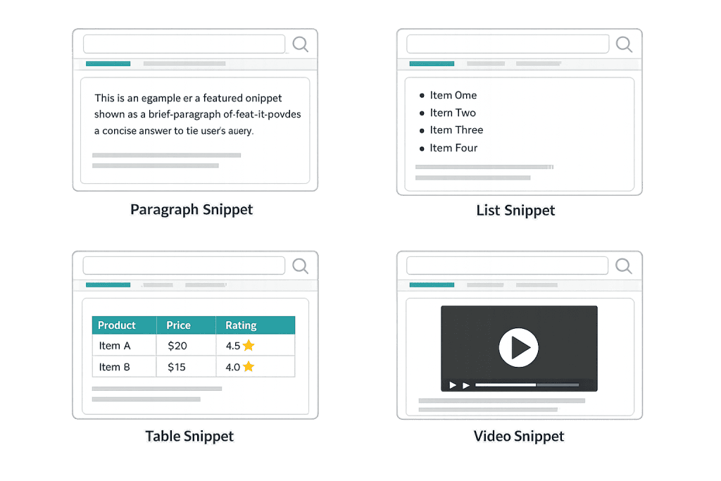 Four illustrated browser windows display different types of featured snippets: a paragraph snippet, a list snippet, a table snippet with product ratings, and a video snippet with a play button.