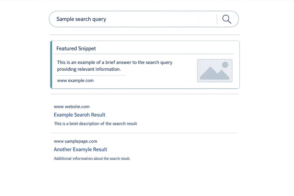 A search engine results page displays a sample search query, a featured snippet with text and an image, plus two additional search results with brief descriptions and URLs.