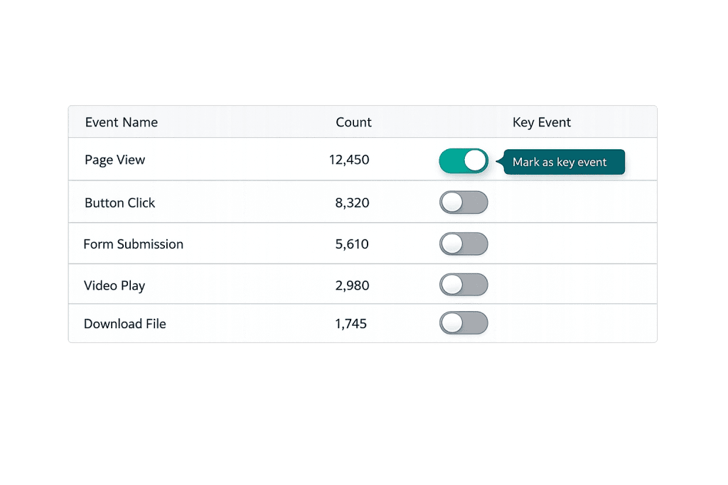 A table listing Event Name, Count, and Key Event columns in GA4. Page View has 12,450 views and is marked as a key event. Other events—Button Click, Form Submission, Video Play, Download File—are not set as goals.