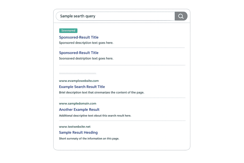 A search engine results page showing a search bar with the text Sample search query and several results, including sponsored results and standard listings with titles, URLs, and descriptions.