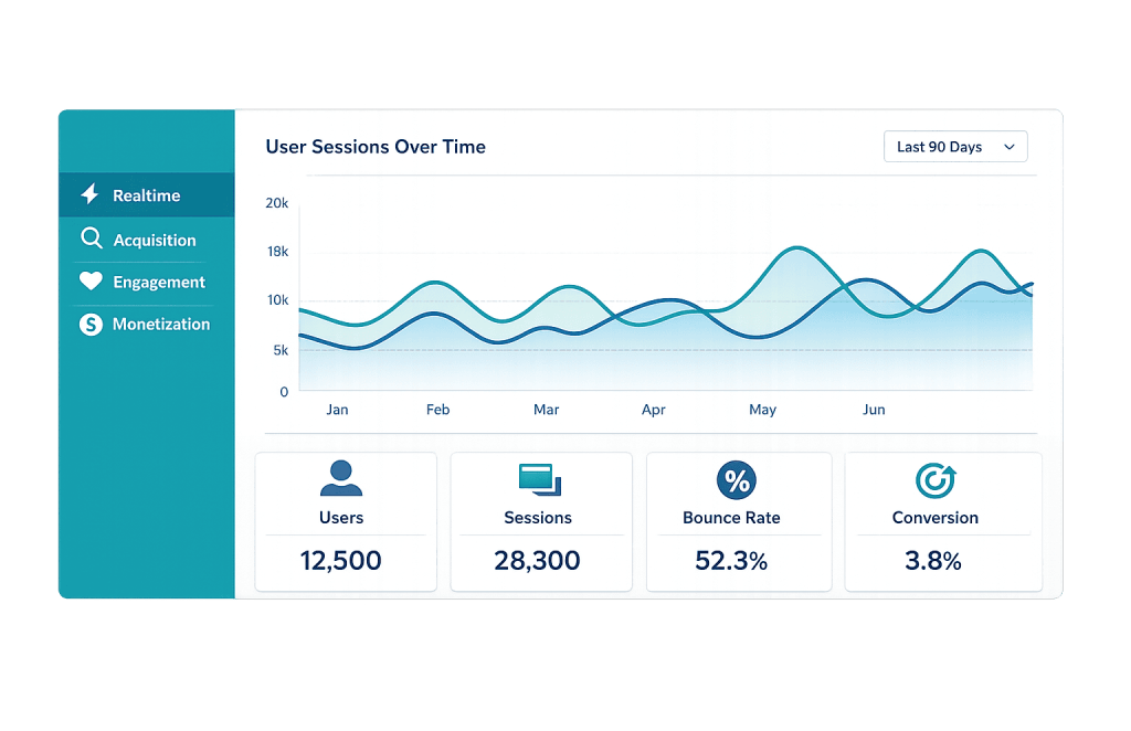 Analytics dashboard powered by Google Analytics 4 showing a line graph of user sessions over the last 90 days, with stats below: 12,500 users, 28,300 sessions, 52.3% bounce rate, and a 3.8% conversion rate.