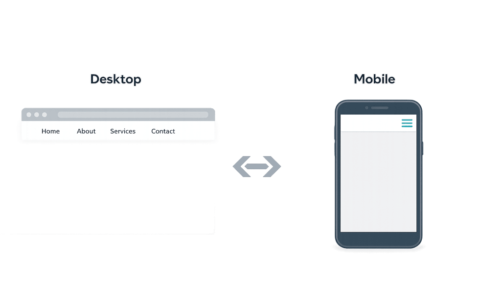 A desktop browser window with a horizontal menu is shown on the left; a mobile phone with a hamburger menu icon is on the right. Arrows between them highlight the use of a hamburger menu in responsive website design.