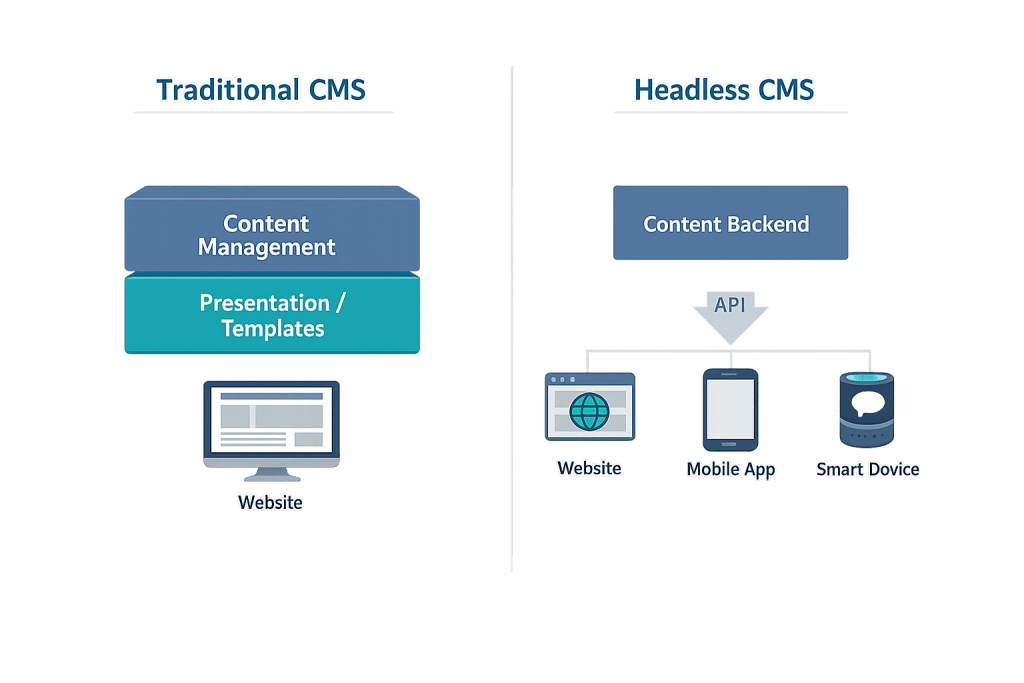 A comparison diagram: Traditional CMS stacks content management and presentation/templates above a website. Headless CMS uses an API to connect its content backend to a website, mobile app, and smart device.
