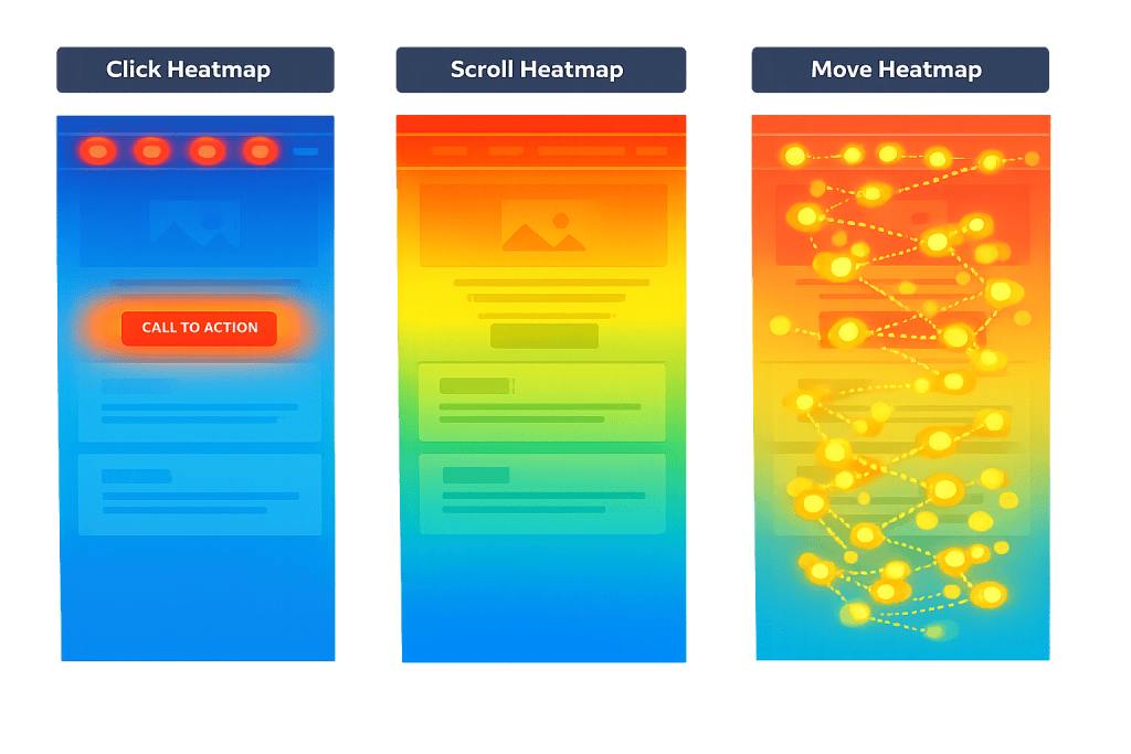 Three vertical heatmaps show user activity on a webpage: Click Heatmap with a red spot on a Call to Action button, Scroll Heatmap showing most views at the top, and Move Heatmap highlighting mouse movement paths.