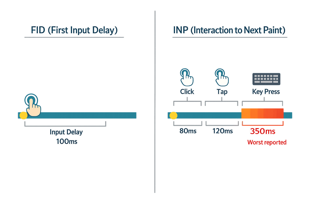 A comparison of FID and Interaction to Next Paint (INP) metrics: FID measures a 100ms input delay, while INP shows web performance for click (80ms), tap (120ms), and key press (up to 350ms, worst reported) with icons for each action.