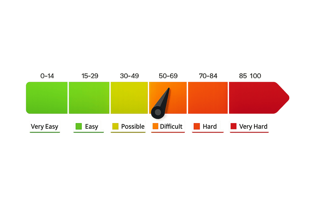 A color-coded scale displays keyword difficulty from 0 to 100, labeled from Very Easy (green) to Very Hard (red). A black pointer highlights the Difficult range (50-69, orange-yellow section).