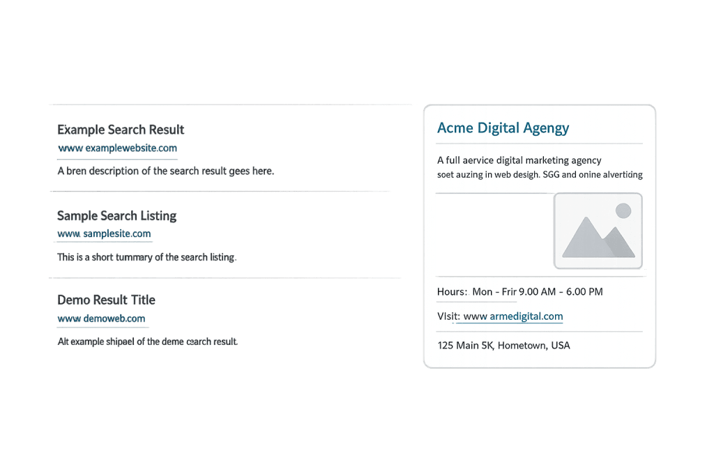 Screenshot displaying examples of search results on the left and a Knowledge Panel on the right, highlighting Acme Digital Agency’s business profile with service details, hours, website, and address.