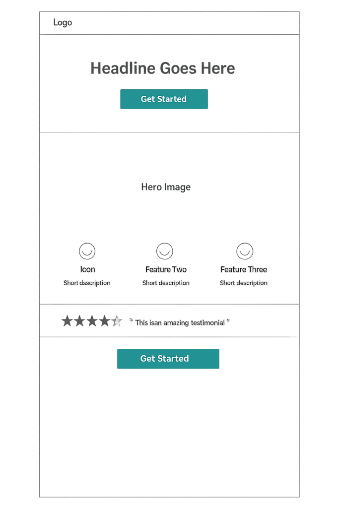 Wireframe of a landing page layout with a logo, main headline, Get Started buttons, hero image placeholder, three features with icons and short descriptions, star rating, testimonial text, and a clean, simple design.
