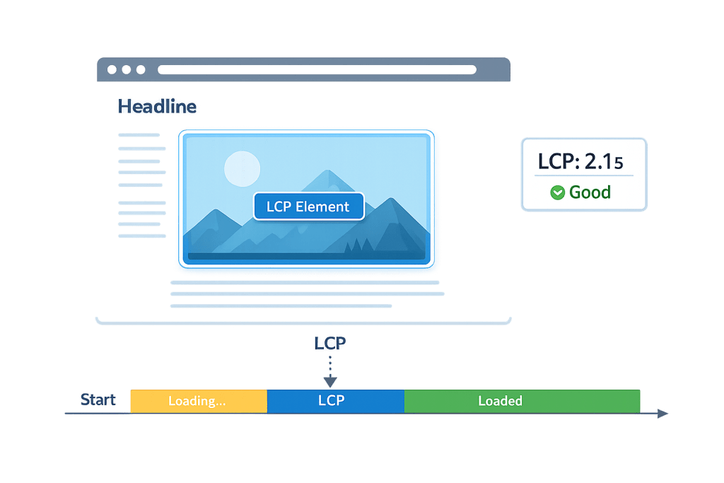 An illustrated webpage highlights Core Web Vitals, displaying a large image labeled LCP Element. A metric box shows LCP: 2.15s, Good. Below, a timeline tracks phases: Start, Loading, Largest Contentful Paint, and Loaded.
