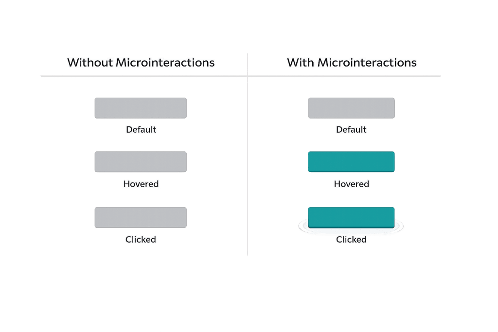 A comparison chart highlighting button states without microinteractions (same gray color for all states) versus with microinteraction enhancements like teal color shifts and a ripple effect on click.