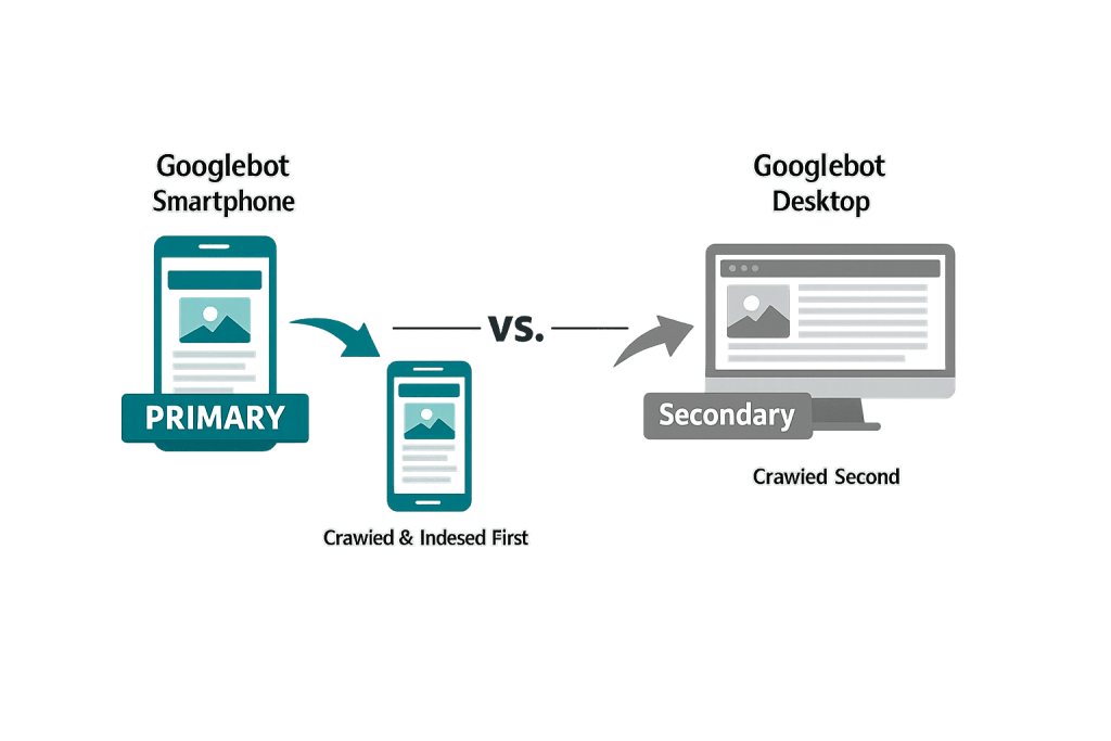 Infographic comparing Googlebot Smartphone as Primary (crawled and indexed first) with Googlebot Desktop as Secondary, using phone and desktop icons and arrows to illustrate Google’s Mobile-first indexing process for better SEO.