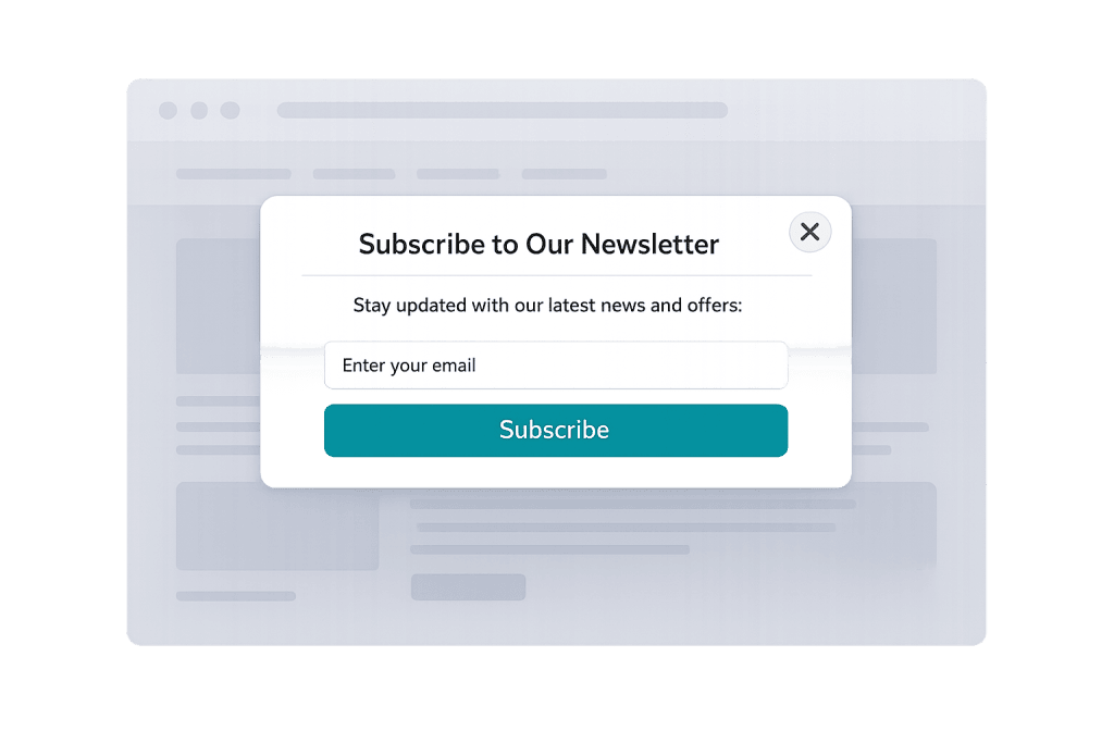 A pop-up window on a website prompts users to Subscribe to Our Newsletter, asking for an email address and featuring a green Subscribe button and a close icon in the upper right corner.