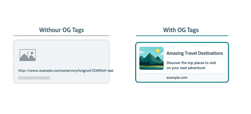 Comparison graphic: On the left, a plain link preview without Open Graph tags shows only a URL and broken image icon. On the right, with Open Graph tags, a colorful preview displays an image, title, description, and website.