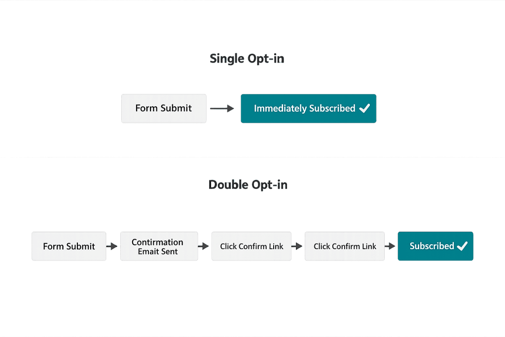 A diagram compares opt-in methods: Single opt-in allows immediate subscription after form submit, while double opt-in requires submitting the form, receiving an email, clicking a confirmation link twice before subscription. Opt-out options are not shown.