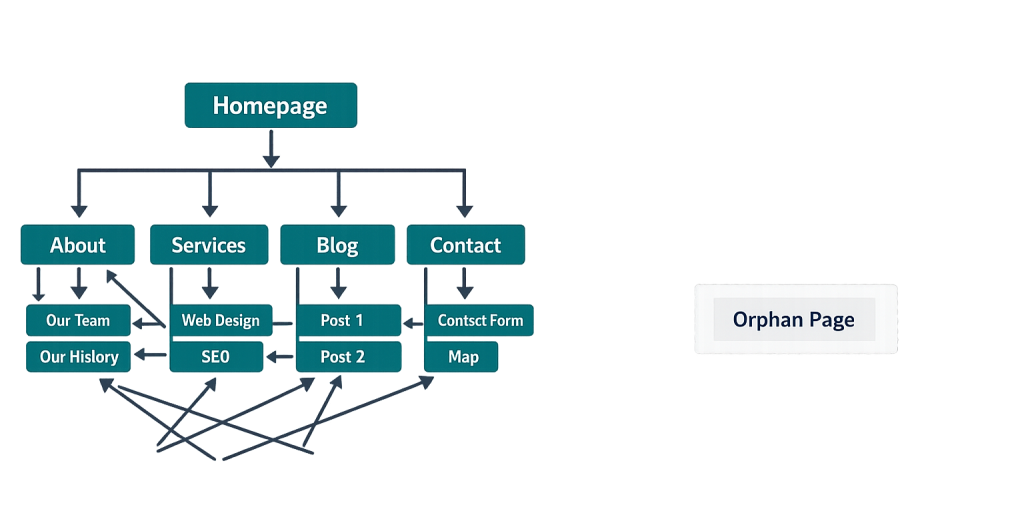 A website flowchart shows a homepage linking to About, Services, Blog, and Contact pages with subpages; an isolated Orphan Page sits disconnected on the right side.