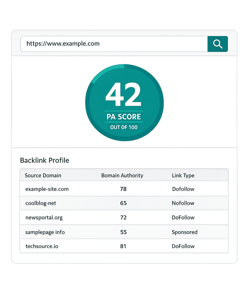 A website page displays a domain score of 42 out of 100. Below, its backlink profile details five domains with their authority scores, link types—including dofollow, nofollow, and sponsored links—and highlights each referring site's Page Authority for SEO insights.
