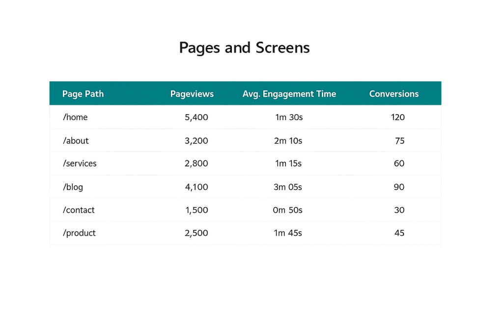 A table titled Pages and Screens shows page path, pageviews, average engagement time, and conversions for six web pages. The /home page has the most pageviews and conversions, while /product has the fewest conversions.