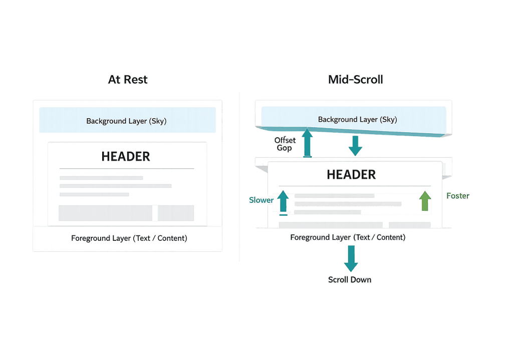 Diagram comparing webpage layers at rest and mid-scroll. At Rest shows sky background above content. Mid-Scroll illustrates parallax scrolling, with the sky background moving slower than the foreground as the user scrolls down.