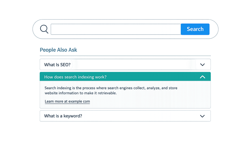 A Google search engine results page displays a People Also Ask (PAA) section with questions. One expanded answer explains search indexing as collecting, analyzing, and storing website info to make it retrievable.
