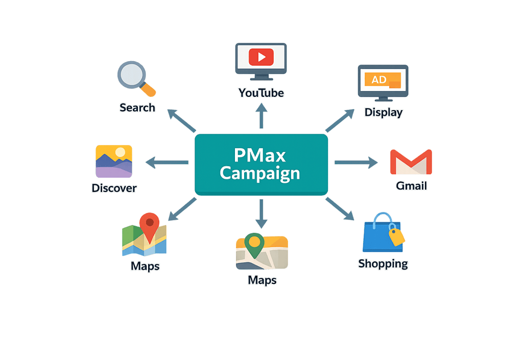 Diagram showing a Performance Max (PMax) Campaign in the center with arrows connecting to icons for Search, YouTube, Display, Gmail, Discover, Maps (twice), and Shopping, illustrating PMax’s reach across multiple advertising channels.