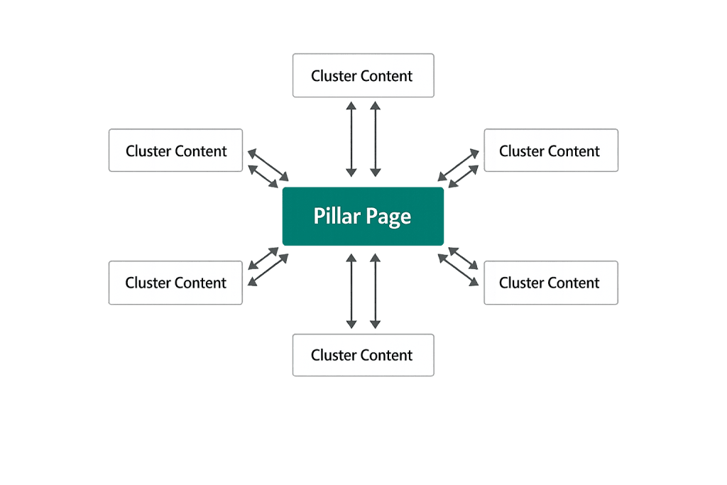 A diagram showing a central Pillar Page box connected by arrows to multiple surrounding Cluster Content boxes, illustrating a pillar and cluster content strategy.