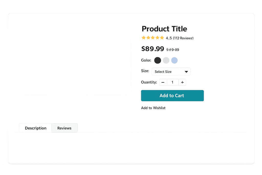 E-commerce product page featuring a product title, star rating, price, color and size options, quantity selector, and buttons to add to cart or wishlist. Tabs for description and reviews are below for a complete product page experience.