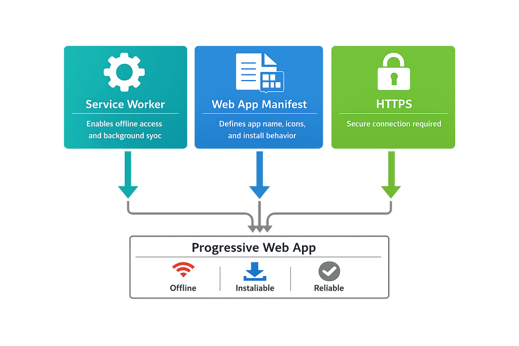 Diagram showing three components of a Progressive Web App (PWA): Service Worker (enables offline access), Web App Manifest (defines app details), and HTTPS (secure connection), leading to offline, installable, and reliable PWA features.