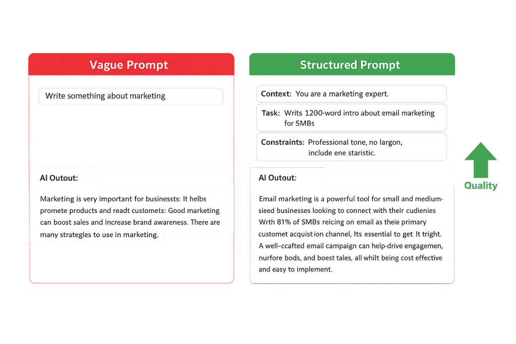 A comparison chart shows a vague prompt versus a structured prompt for marketing content. With prompt engineering, the structured prompt includes context, task, constraints, and yields a more detailed AI output—demonstrating quality improves with structure.
