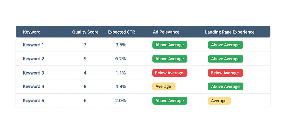 A table displays five Quality Score keywords with columns for Expected CTR, Ad Relevance, and Landing Page Experience. Ad Relevance and Landing Page Experience are labeled as Above Average, Average, or Below Average using colored tags.