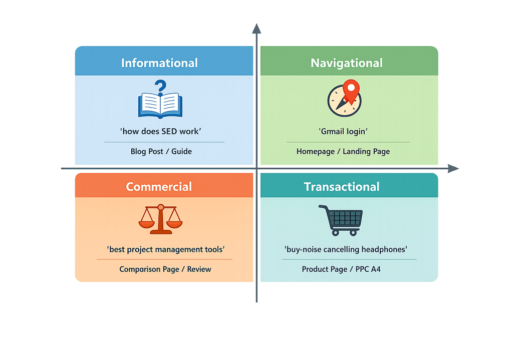A 2x2 grid visualizes four types of search intent—Informational (book), Navigational (map pin), Commercial (scales), and Transactional (shopping cart)—each clearly labeled with examples and concise search intent descriptions.