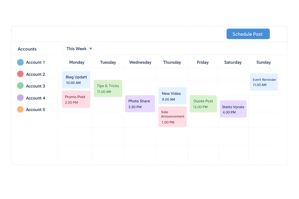 A weekly calendar for five accounts streamlines social media management by displaying scheduled blog updates, promo posts, tips, photo shares, videos, quotes, announcements, event reminders, and status updates—organized by color.