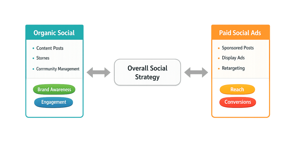 A flowchart compares Organic Social (content posts, stories, community management; goals: brand awareness, engagement) with Paid Social Ads (sponsored posts, display ads, retargeting), showcasing strategies in social media marketing for reach and conversions.