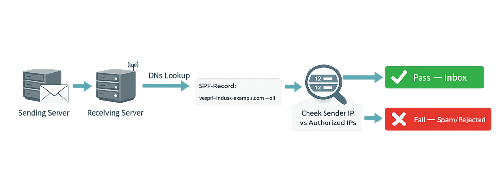 A flowchart showing how an email is sent: Sending server sends to receiving server, DNS lookup checks SPF record and sender IP; if authorized, email passes to inbox, if not, it fails and is marked as spam or rejected.
