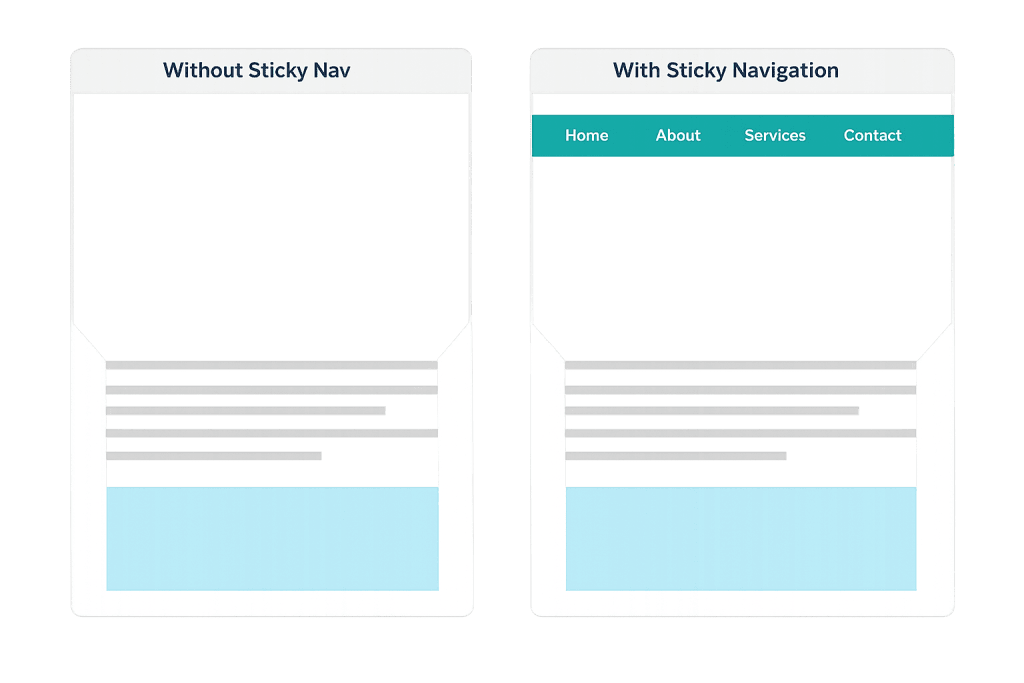 Two side-by-side website layouts: the left shows a page without sticky navigation, while the right highlights sticky navigation with a fixed top bar displaying Home, About, Services, and Contact links.