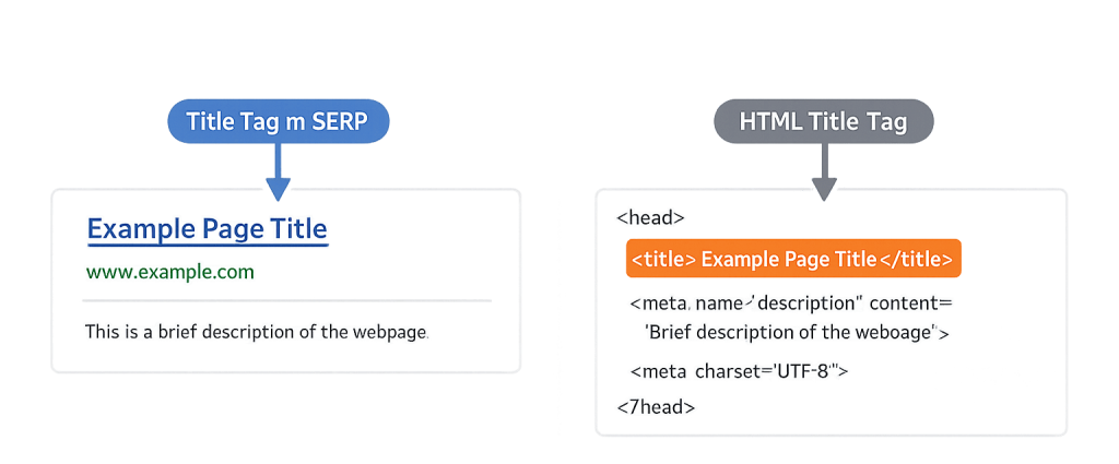 A diagram comparing a title tag in a search engine results page (SERP), showing Example Page Title, and its corresponding HTML code with the title and meta description tags highlighted.