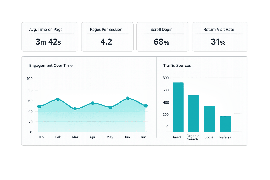 Dashboard displaying website analytics: Average time on page is 3m 42s, pages per session is 4.2, scroll depth is 68%, return visit rate is 31%. Includes user engagement over time graph and traffic sources bar chart.