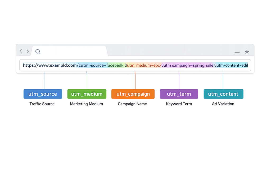 A browser address bar displays a URL with UTM parameters for campaign analytics. Color-coded labels highlight utm_source, utm_medium, utm_campaign, utm_term, and utm_content, each with a brief description below for clear URL tracking.