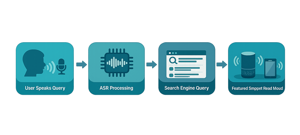 A flowchart illustrating the voice search process in four steps: user speaks query, ASR processing, search engine query, and featured snippet read aloud by smart devices—each step is depicted with an icon and connected by arrows.