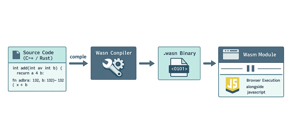 A flowchart shows source code (C++/Rust) compiled by a WebAssembly compiler into a .wasm binary, which is then executed as a Wasm module alongside JavaScript in a browser.