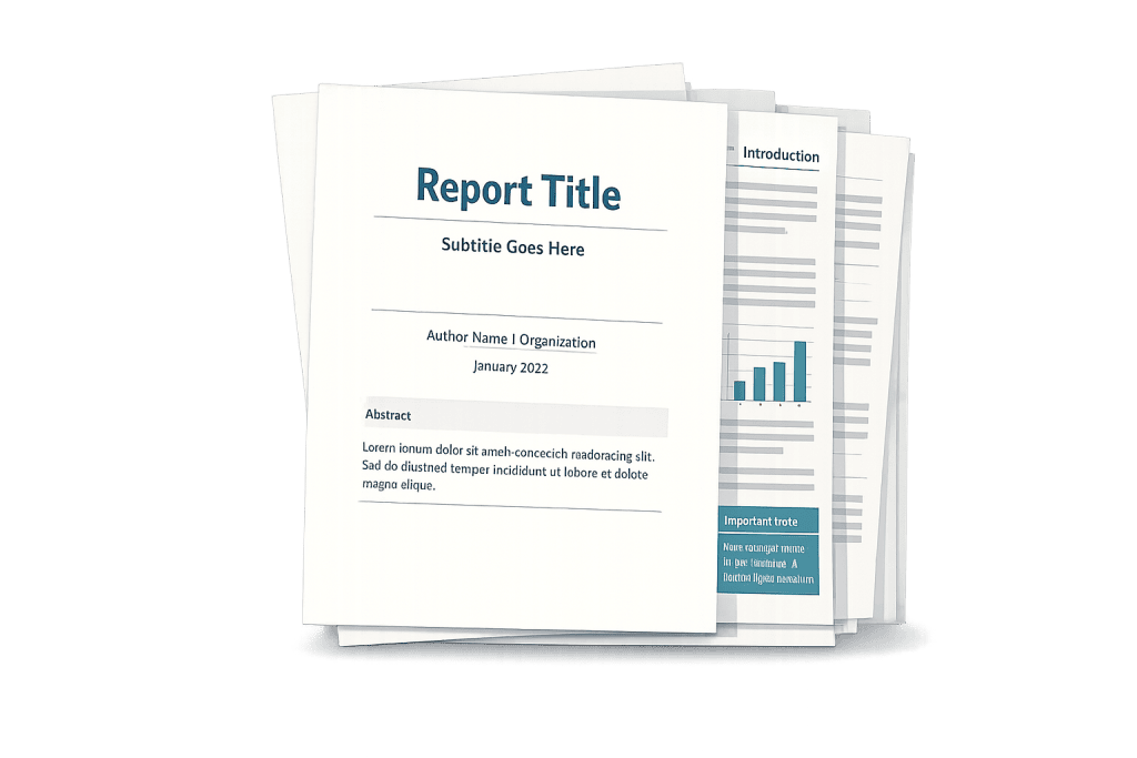 A stack of printed report pages, with the top page showing placeholders for Report Title, Subtitle Goes Here, author, organization, date, and an abstract section. Other pages display charts and text blocks.