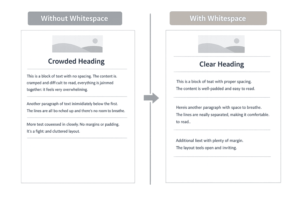 A side-by-side comparison showing Without Whitespace on the left with cramped, dense text, and With Whitespace on the right with spacious layout, clear headings, and better readability.