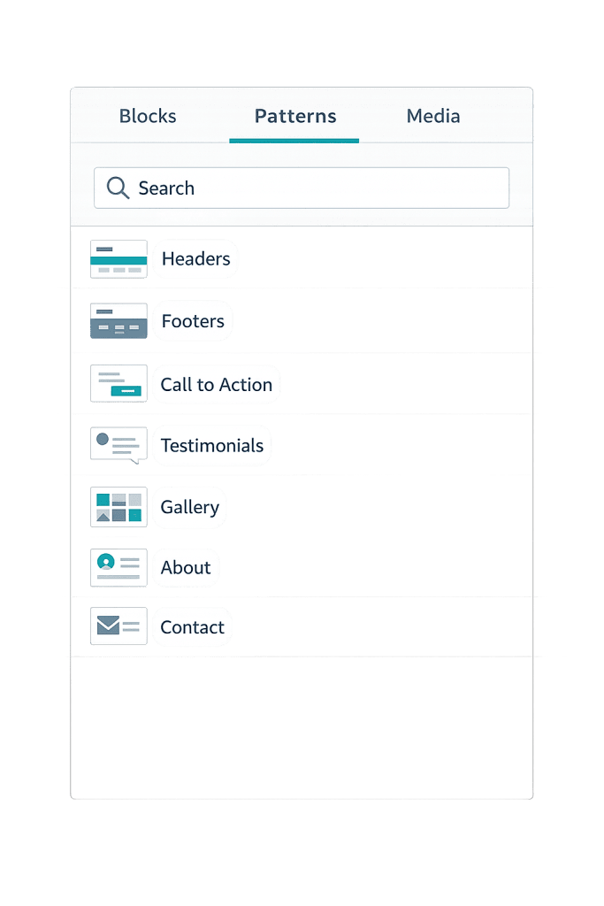 A WordPress website editor interface showing a Patterns tab with a search bar and options like Headers, Footers, Call to Action, Testimonials, Gallery, About, and Contact—each WordPress Pattern option features its own icon.