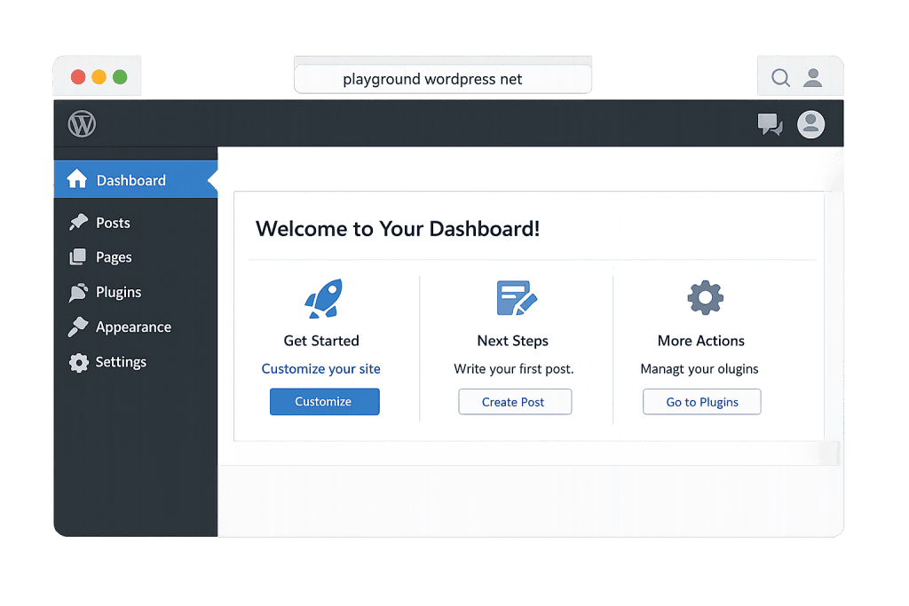 Screenshot of a WordPress Playground dashboard showing menu options on the left and welcome options in the center, including Customize, Create Post, and Go to Plugins buttons.