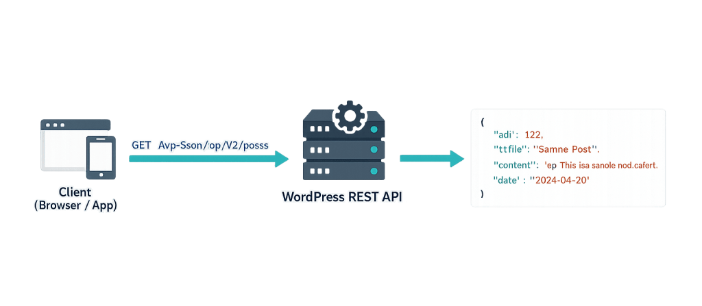 Diagram showing a client sending a GET request to the WordPress REST API endpoint, which returns a JSON object containing post data: id, title, content, and date.