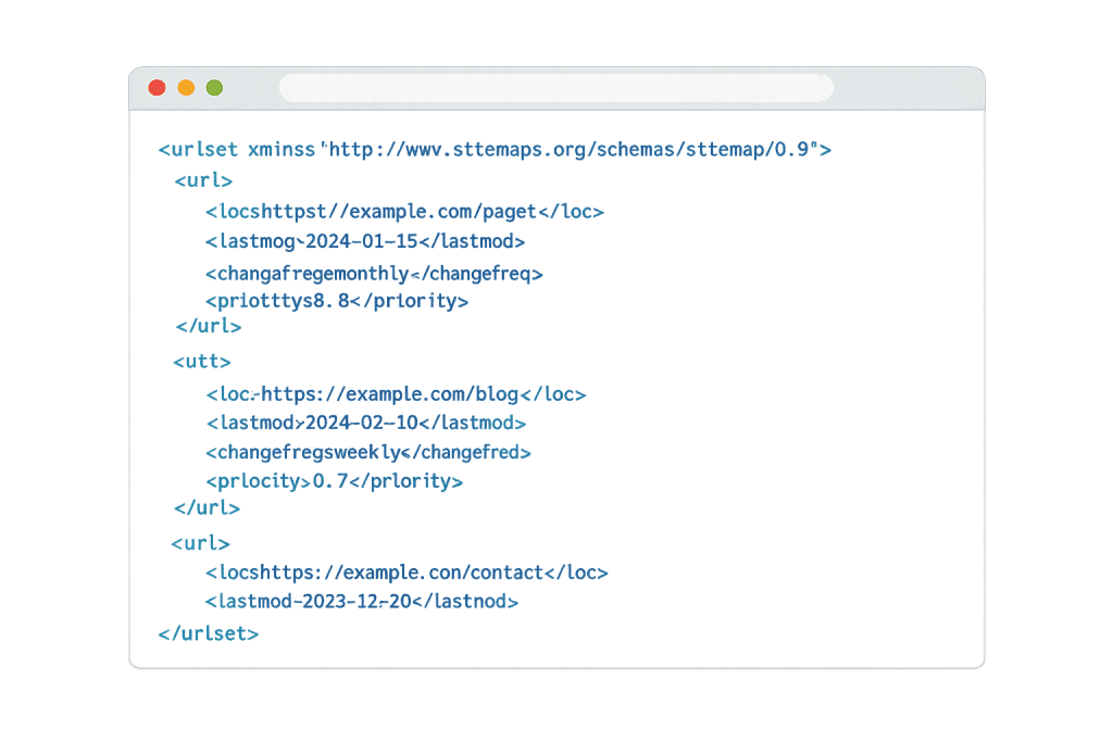 A screenshot of an XML sitemap file showing website page URLs, last modification dates, change frequencies, and priority tags for example.com, including /page1, /blog, and /contact.