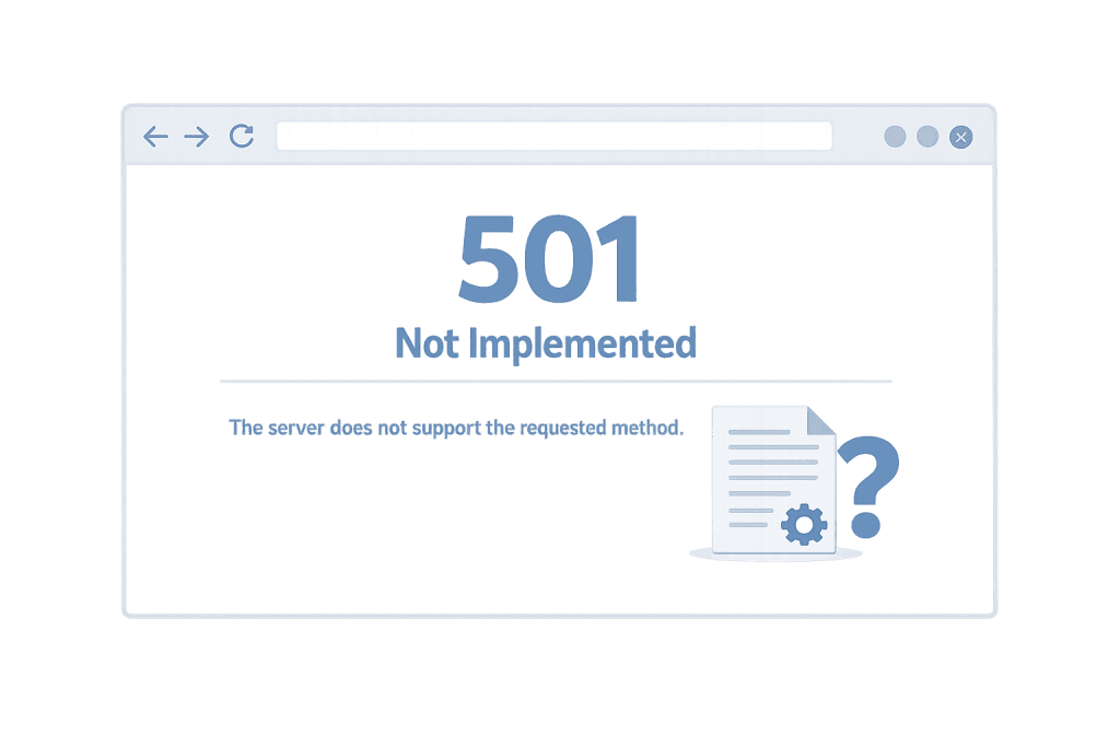 A web browser window displays a 501 Not Implemented error message, indicating the server does not support the requested method, with an illustration of a document, gear, and question mark.