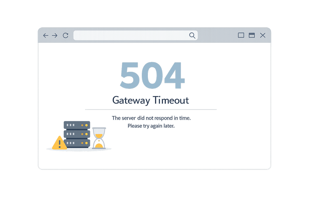 A web browser window displays a 504 Gateway Timeout error message, indicating the server did not respond in time. Below the text are icons of servers, a caution symbol, and an hourglass illustrating the 504 Gateway Timeout scenario.