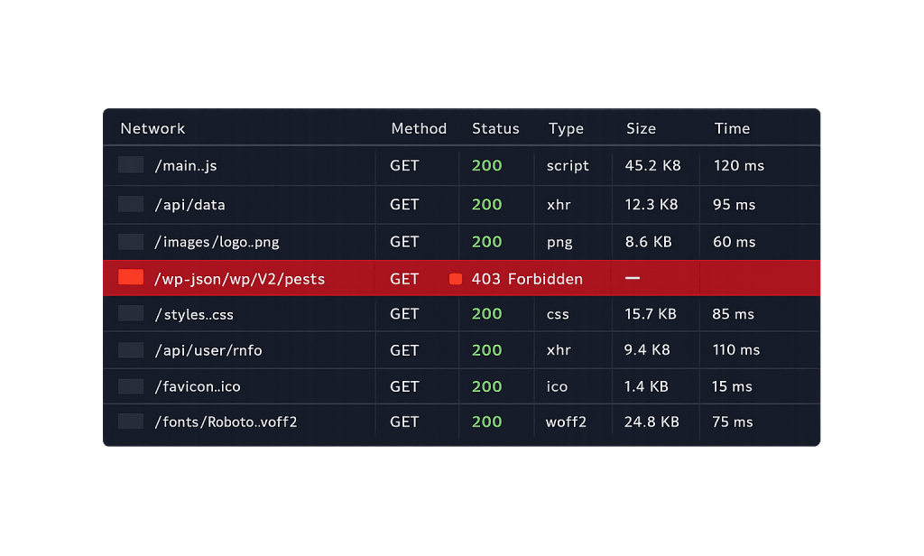 A table showing website network requests. Most rows have a green 200 status, but one row (/wp-json/wp/V2/pests) displays a red 403 Forbidden API Error. Columns: Network, Method, Status, Type, Size, Time.
